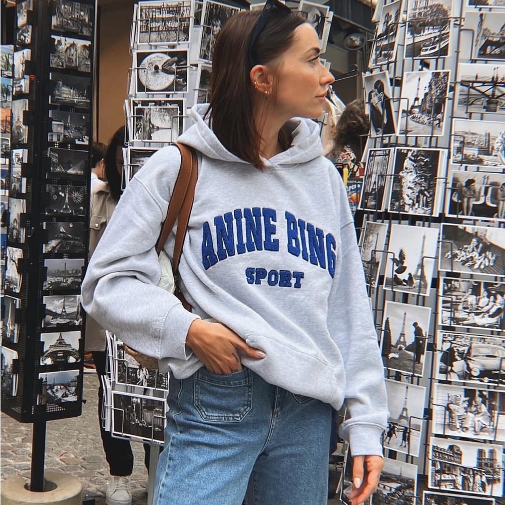 Anine Bing Sport Tyler Hoodie Grey Heather Logo Oversized Sweatshirt Women’s XS - Picture 11 of 13